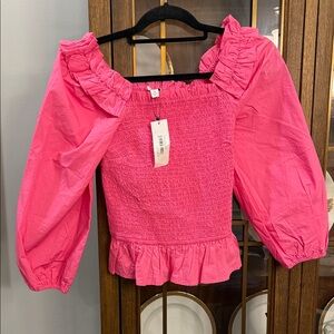 The Drop Smocked Square-Neck Ruffle Puff-Sleeve Blouse in Hot Pink
